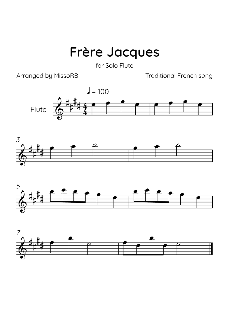 Frère Jacques - Solo Flute in E Major Flute Solo scores gallery preview page 1