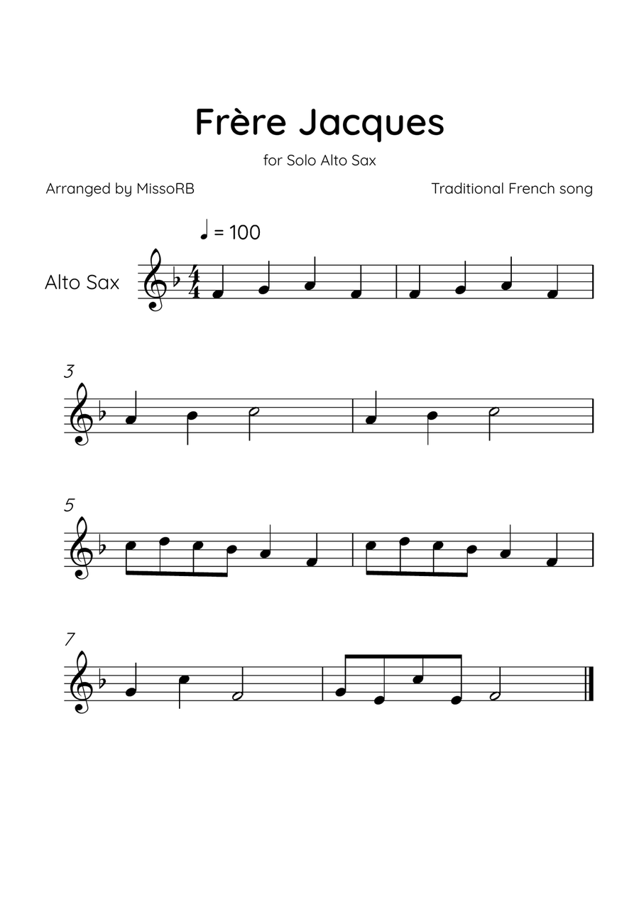 Frère Jacques - Solo Alto Sax in Ab Major Alto Saxophone scores gallery preview page 1