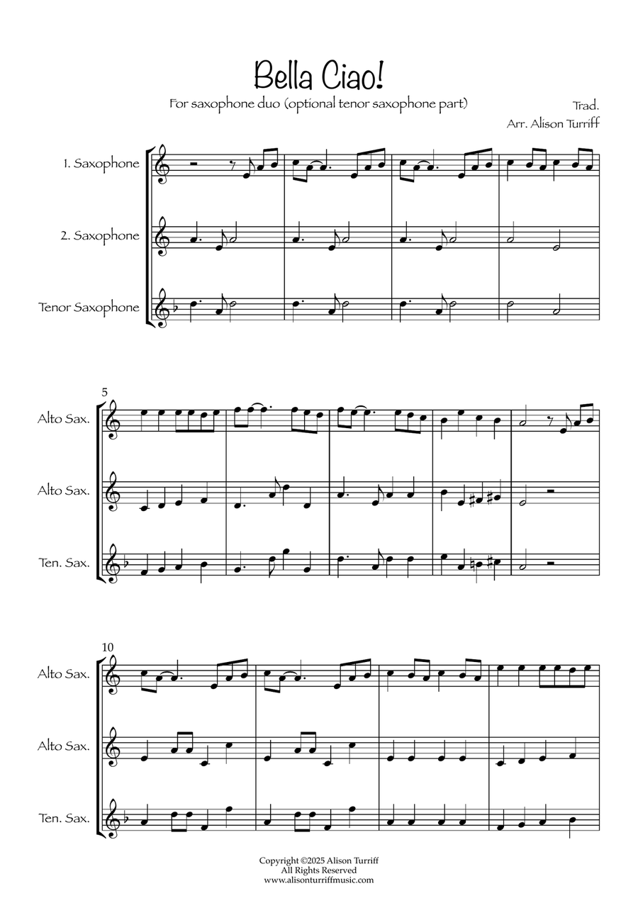 Bella Ciao for 2 saxophones (easy) - with optional tenor part Saxophone Duet scores gallery preview page 2