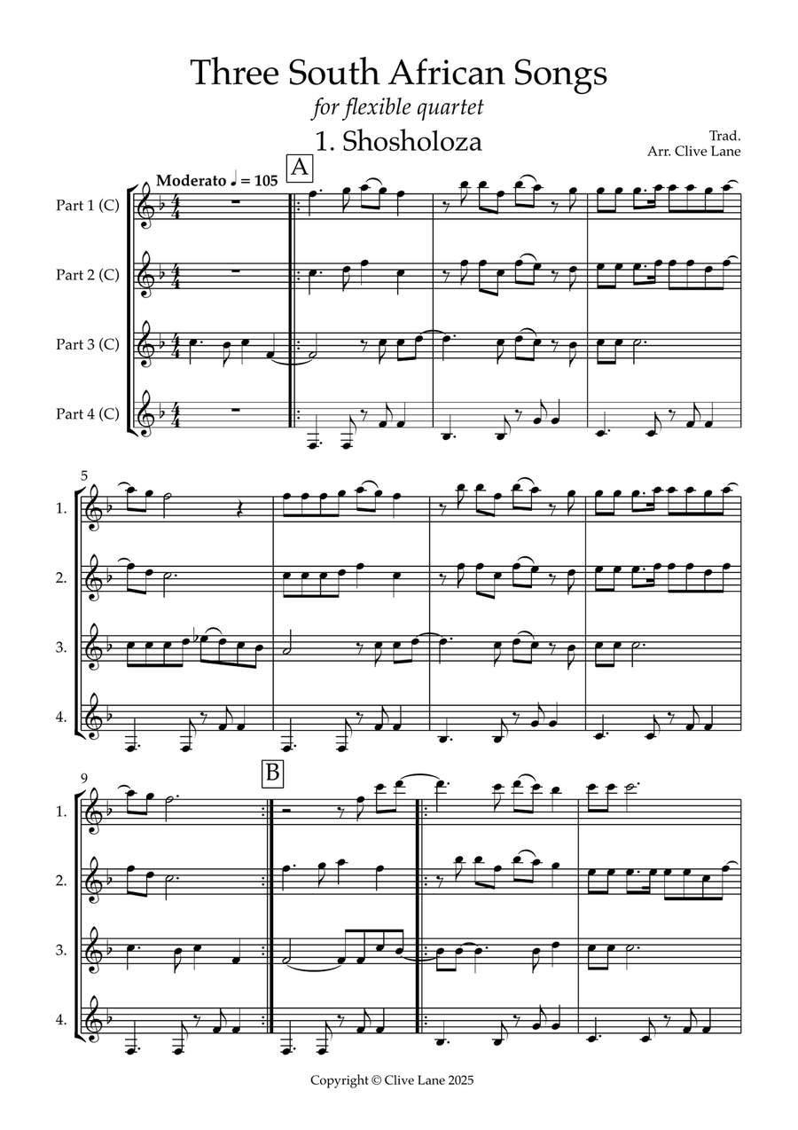 Three South African Songs for flexible quartet Small Ensemble scores gallery preview page 3