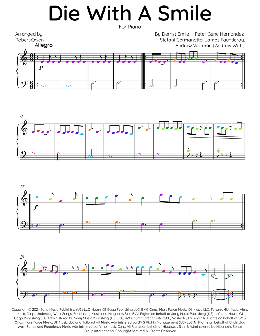 Die With A Smile Die With A Smile Easy Piano scores gallery preview page 1