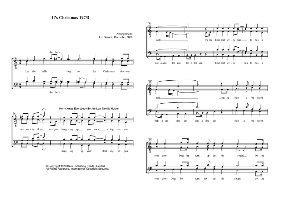 Medley: Merry Xmas Everybody with I Wish It Could Be Christmas Every Day and Lonely This Christmas TTBB scores gallery preview page 1
