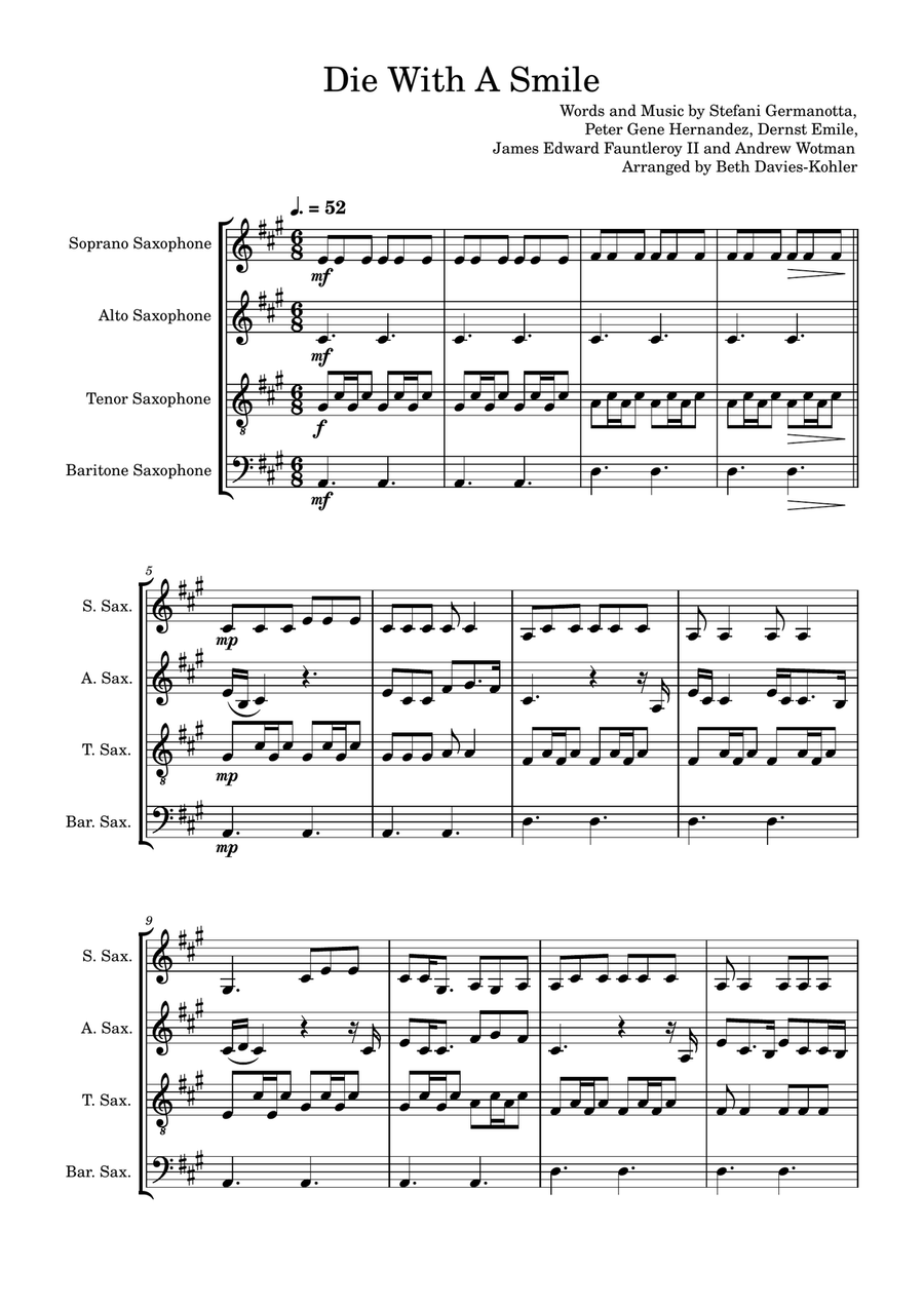 Die With A Smile Die With A Smile Saxophone Quartet scores gallery preview page 1