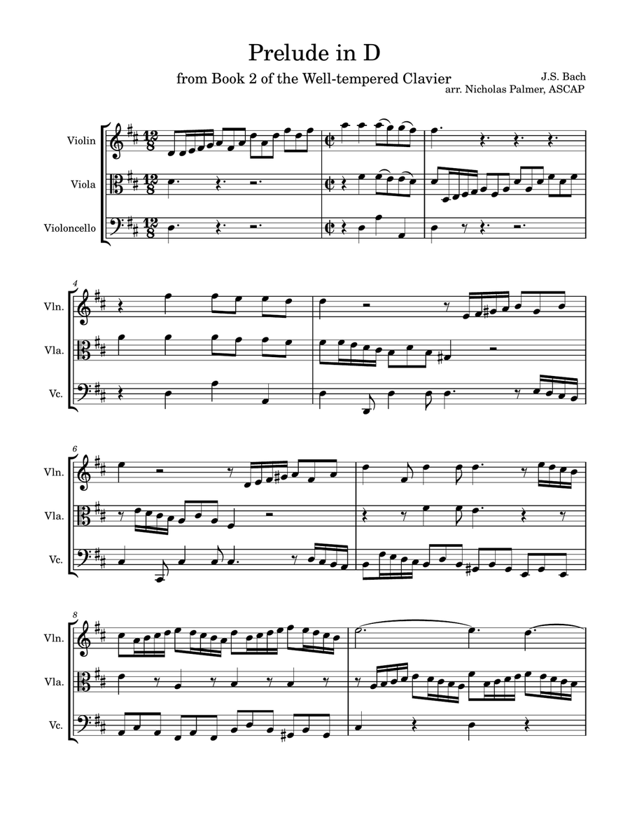 Prelude in D (Book 2 of the Well-tempered Clavier) String Trio scores gallery preview page 1