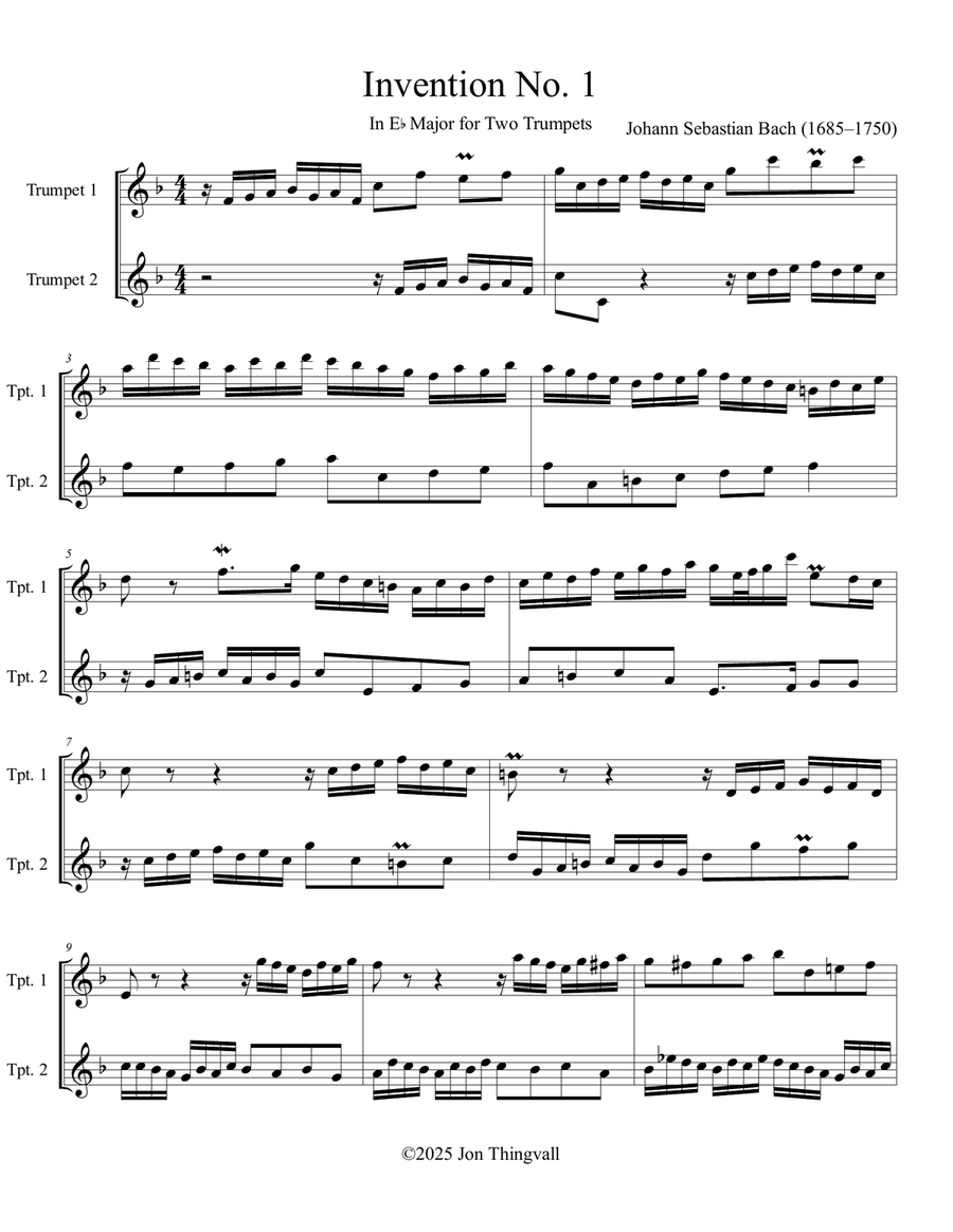 Bach Invention 1, Duet for Trumpets (in concert Eb Major) Trumpet Duet scores gallery preview page 1