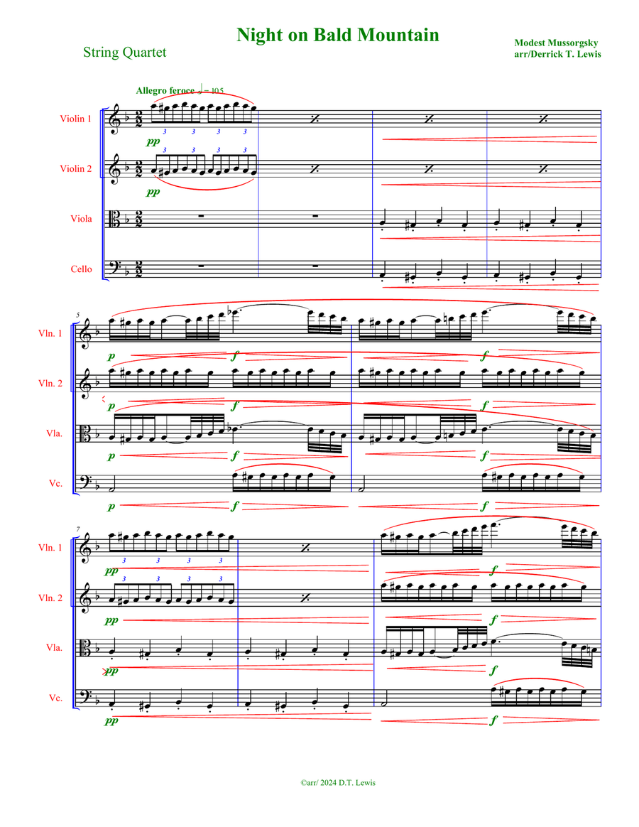 Mussorgsky: Night on Bald Mountain String Quartet scores gallery preview page 1
