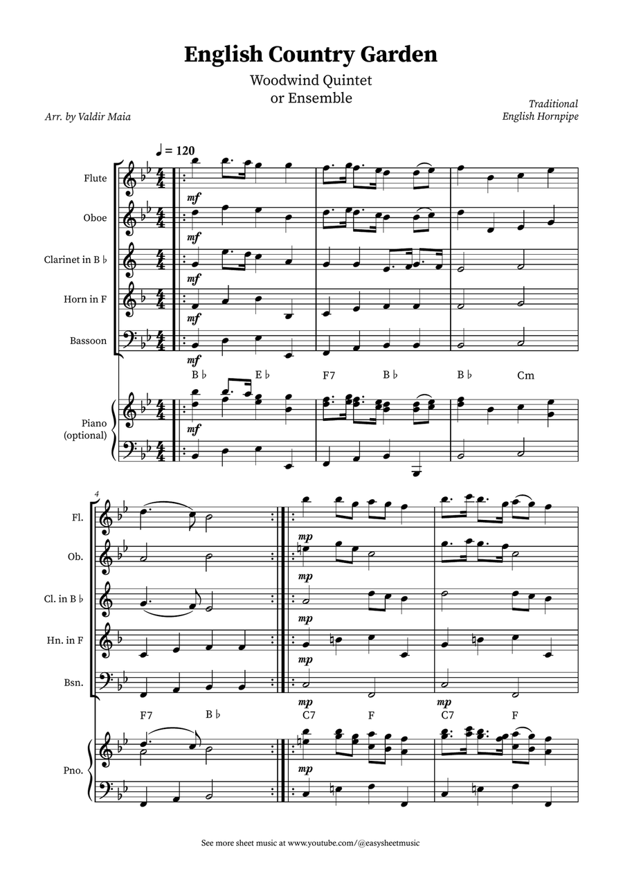 English Country Garden – Woodwind Quintet Sheet Music (with Optional Piano) Woodwind Quintet scores gallery preview page 1