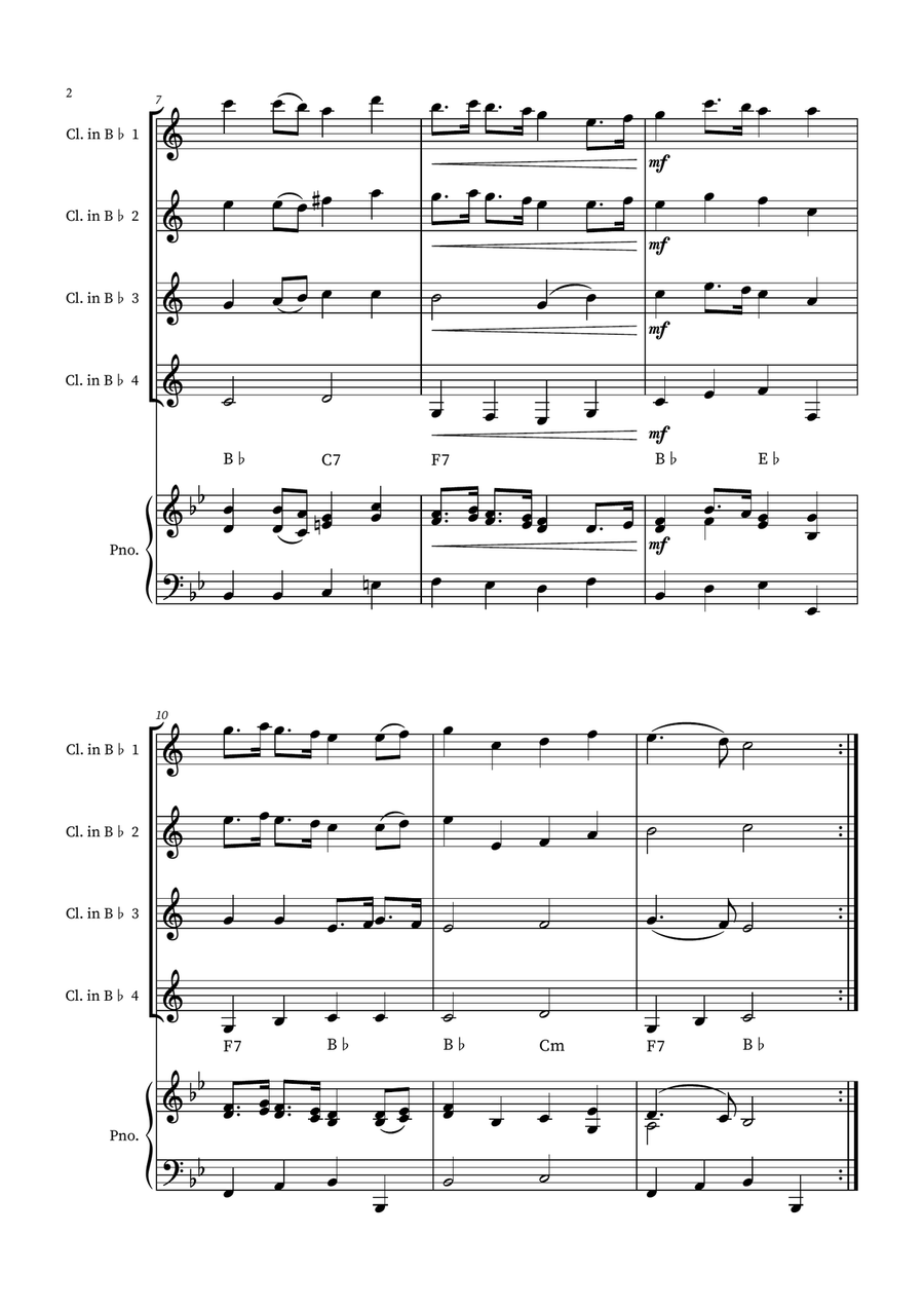 English Country Garden – Clarinet Quartet Sheet Music (with Optional Piano) Woodwind Quartet scores gallery preview page 2
