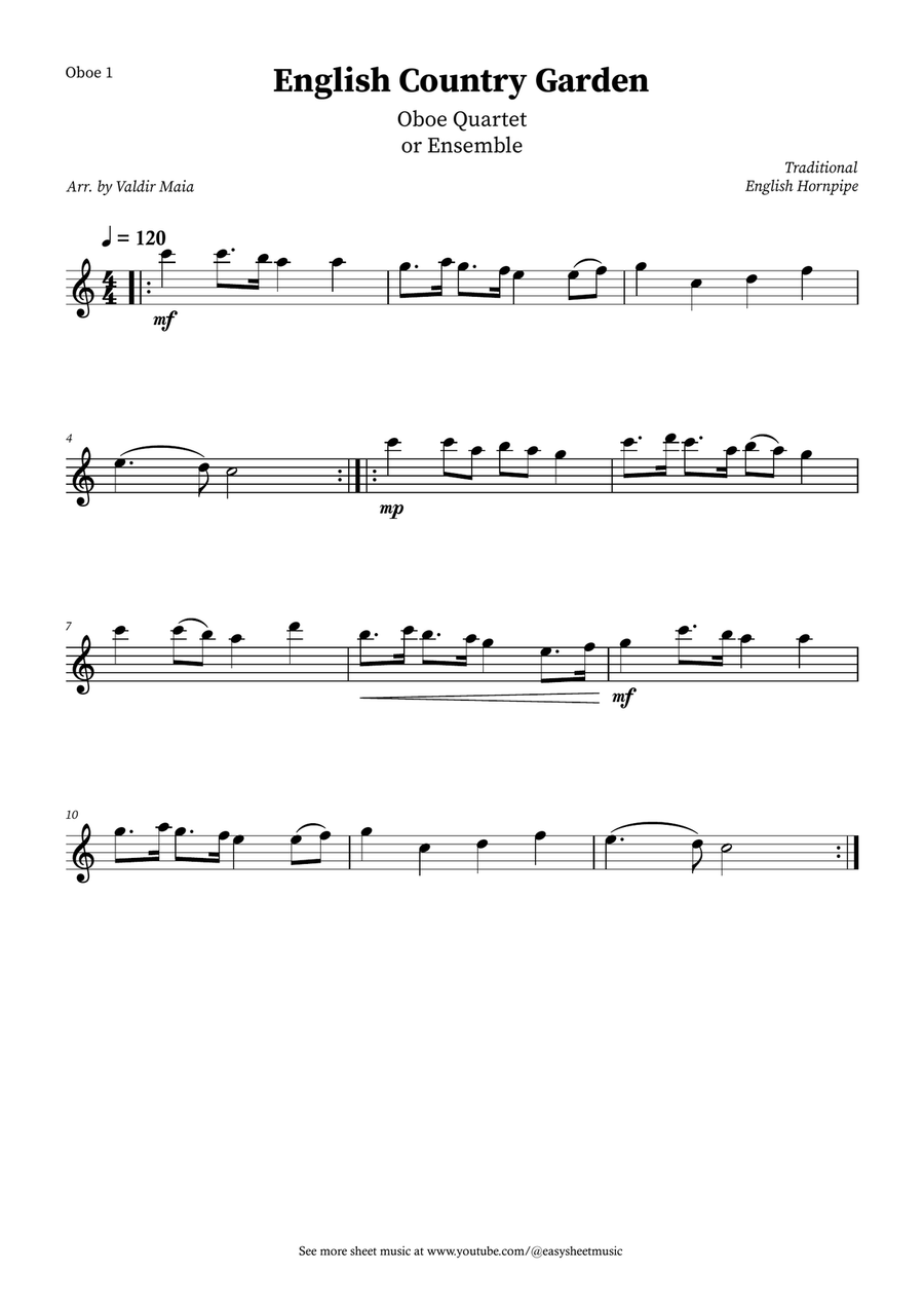 English Country Garden – Oboe Quartet Sheet Music (with Optional Piano) Woodwind Quartet scores gallery preview page 3