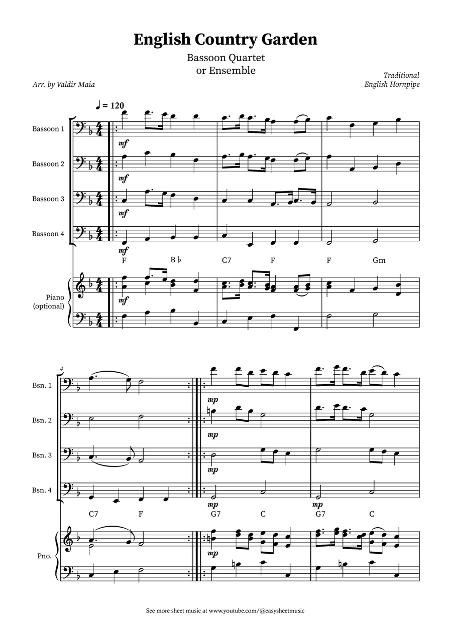 English Country Garden – Bassoon Quartet Sheet Music (with Optional Piano) Woodwind Quartet scores gallery preview page 1