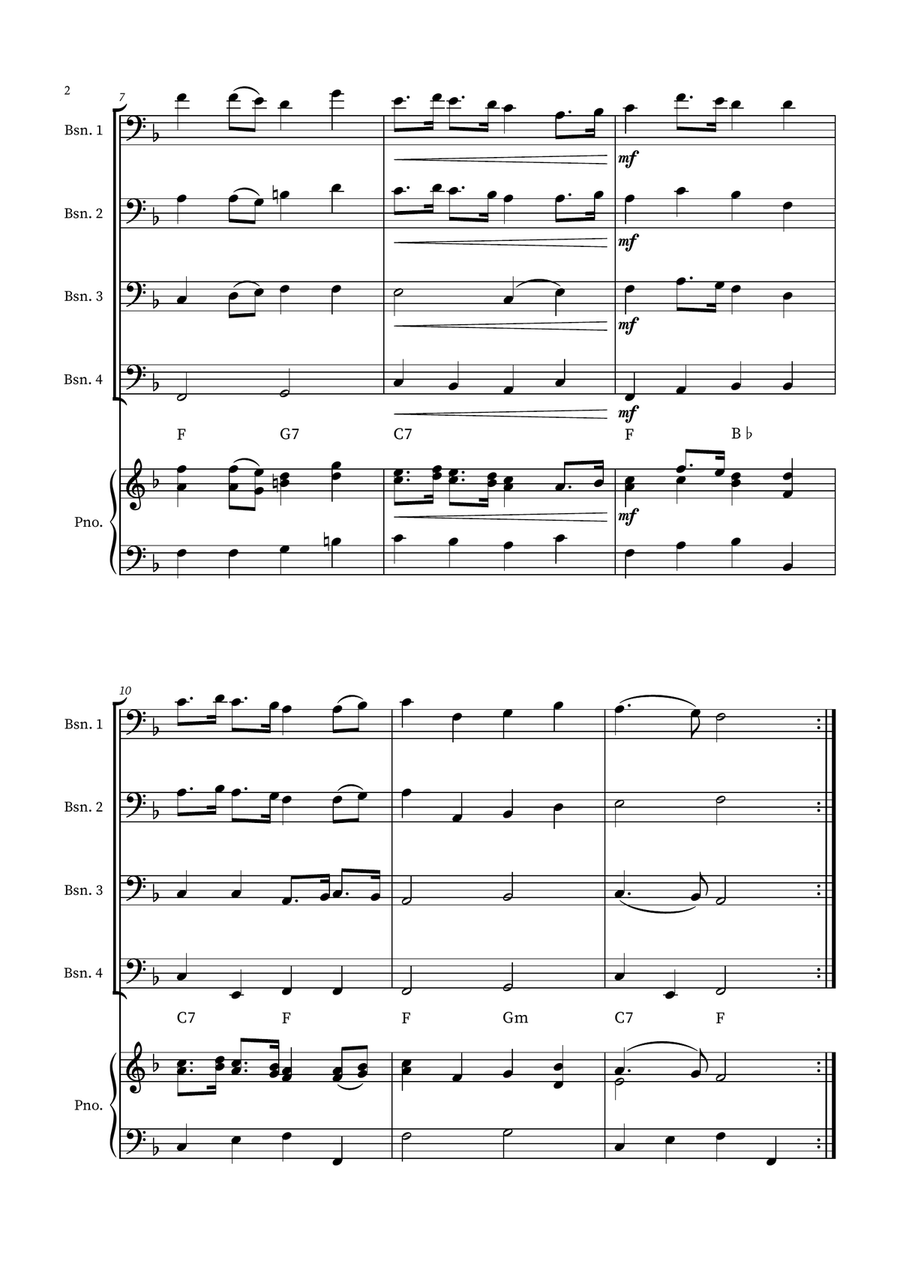 English Country Garden – Bassoon Quartet Sheet Music (with Optional Piano) Woodwind Quartet scores gallery preview page 2