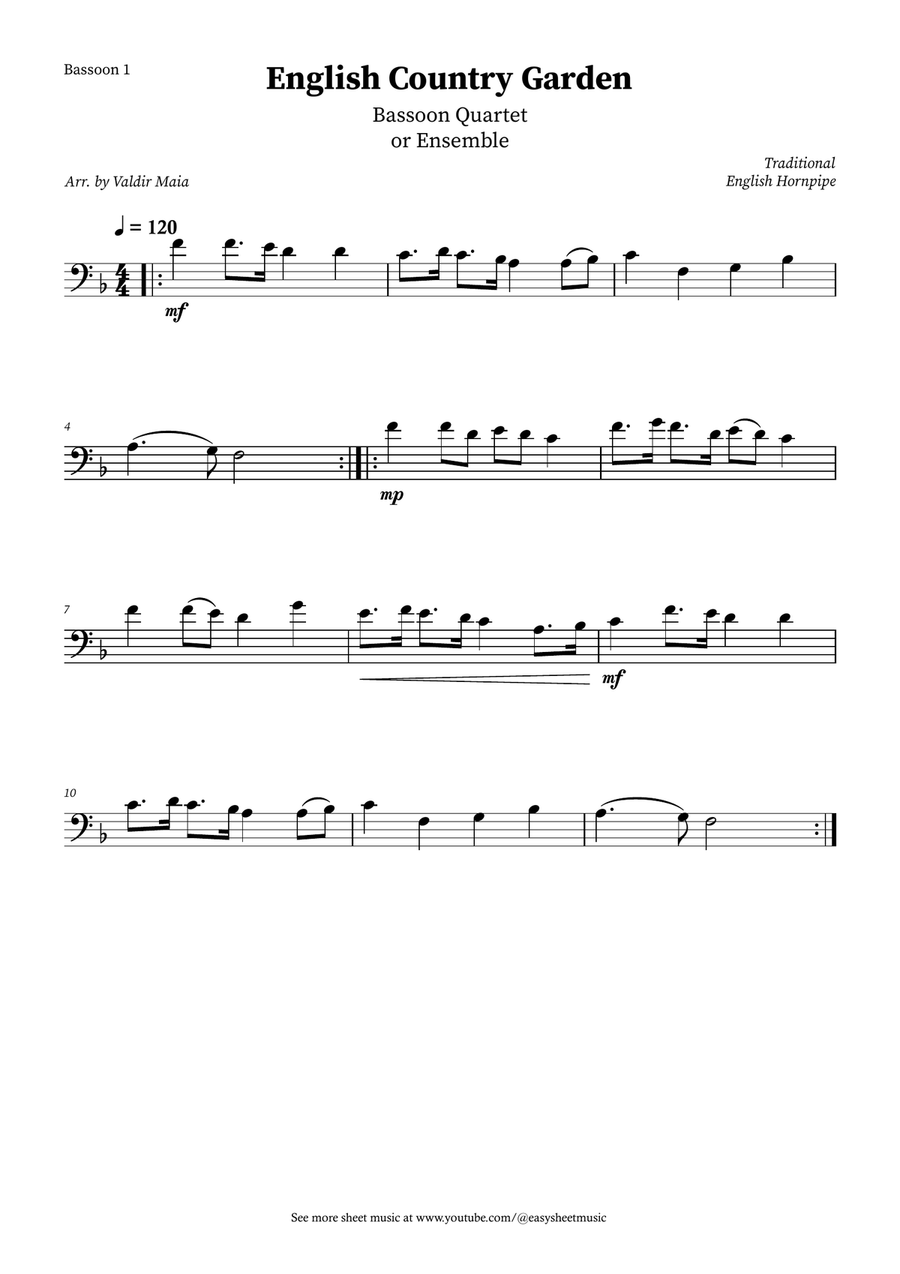 English Country Garden – Bassoon Quartet Sheet Music (with Optional Piano) Woodwind Quartet scores gallery preview page 3