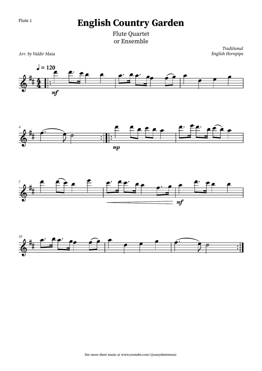 English Country Garden – Flute Quartet Sheet Music (with Optional Piano) Woodwind Quartet scores gallery preview page 3
