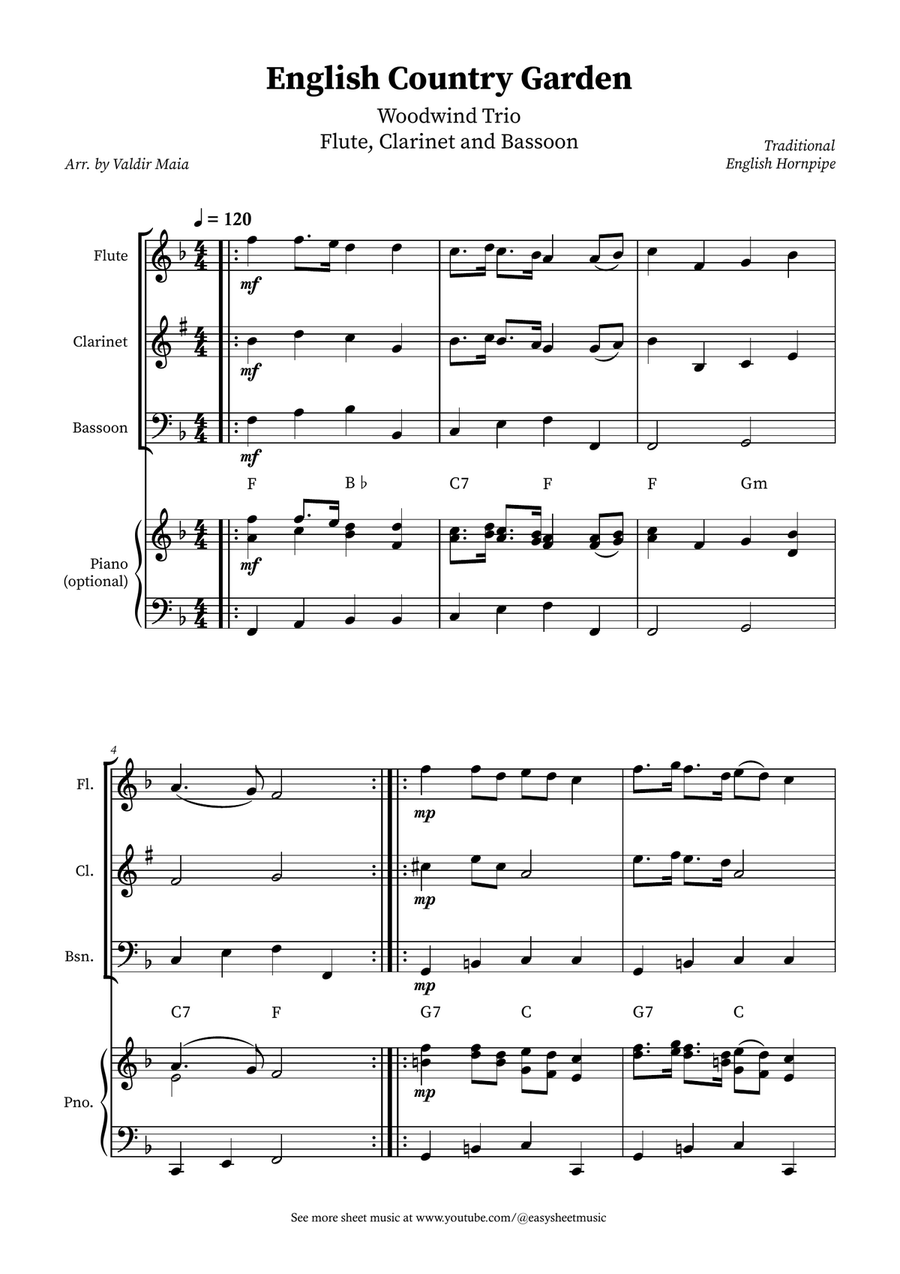 English Country Garden – Woodwind Trio Sheet Music (Flute, Clarinet, Bassoon with Optional Piano) Woodwind Trio scores gallery preview page 1