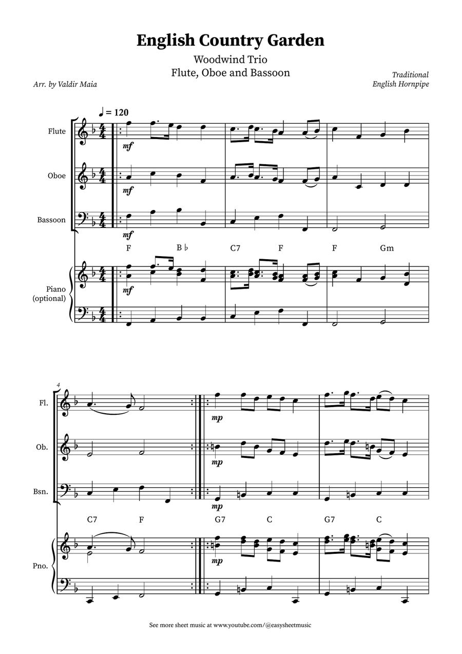 English Country Garden – Woodwind Trio Sheet Music (Flute, Oboe, Bassoon with Optional Piano) Woodwind Trio scores gallery preview page 1