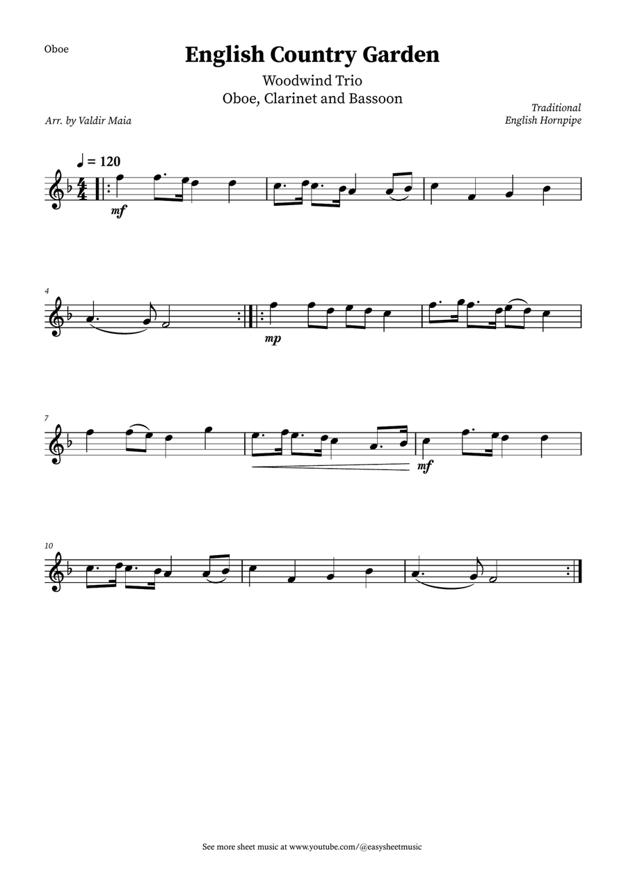 English Country Garden – Woodwind Trio Sheet Music (Oboe, Clarinet, Bassoon with Optional Piano) Woodwind Trio scores gallery preview page 3