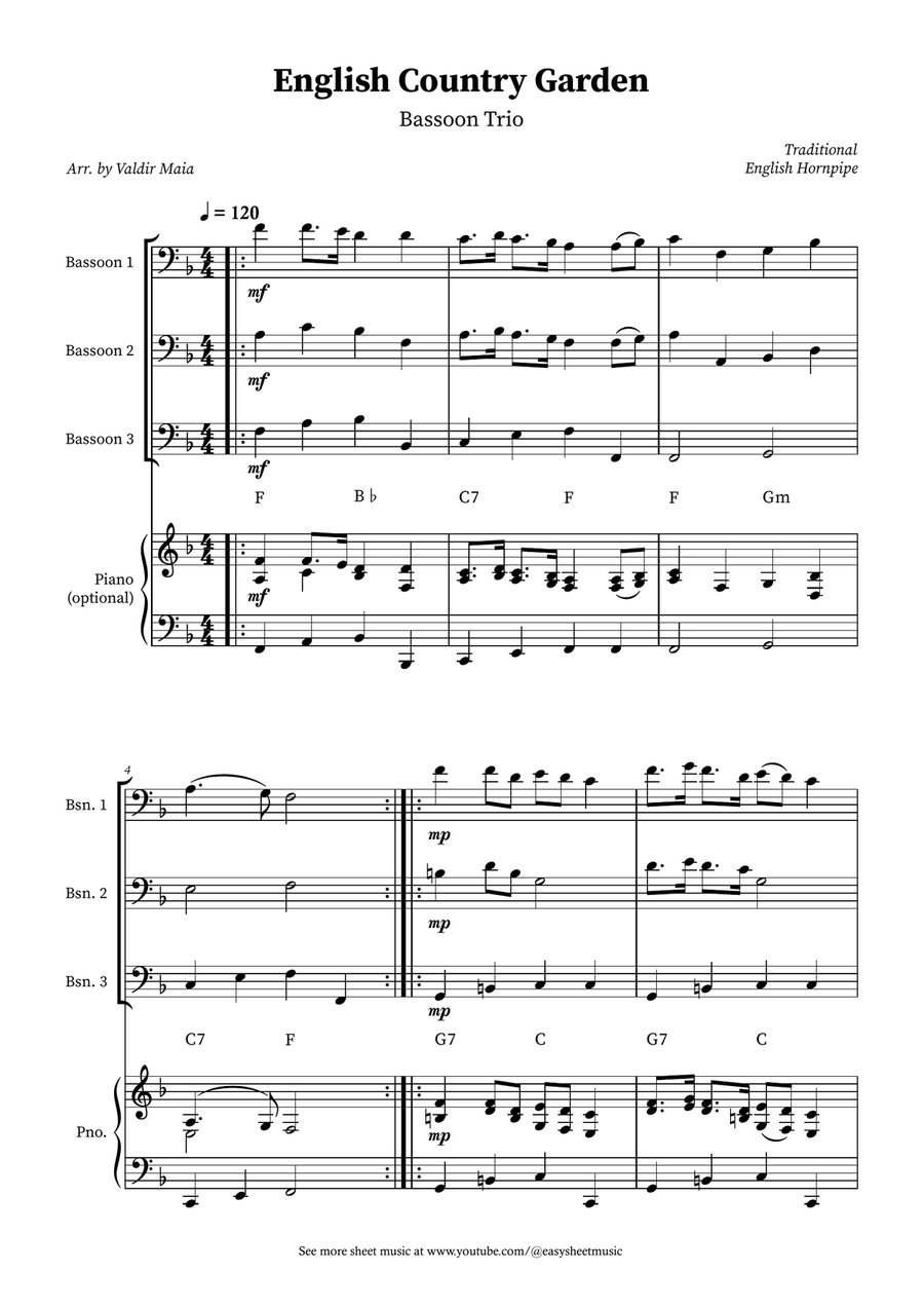 English Country Garden – Bassoon Trio Sheet Music (with Optional Piano) Woodwind Trio scores gallery preview page 1