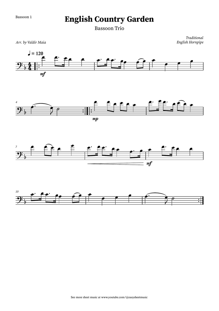 English Country Garden – Bassoon Trio Sheet Music (with Optional Piano) Woodwind Trio scores gallery preview page 3