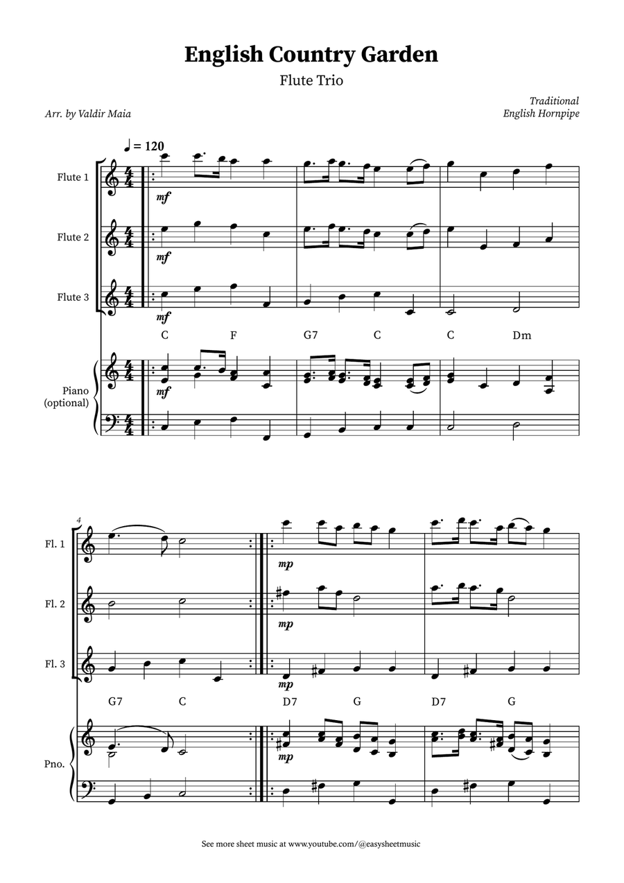 English Country Garden – Flute Trio Sheet Music (with Optional Piano) Woodwind Trio scores gallery preview page 1