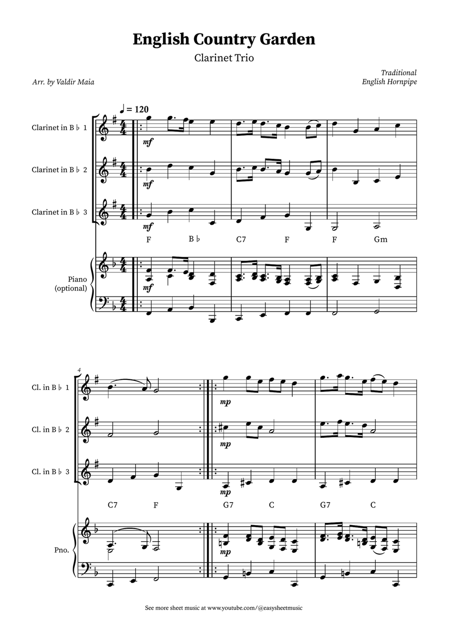 English Country Garden – Clarinet Trio Sheet Music (with Optional Piano) Clarinet Trio scores gallery preview page 1