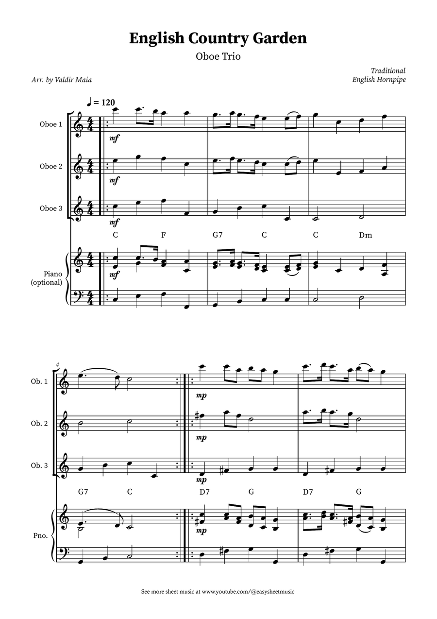 English Country Garden – Oboe Trio Sheet Music (with Optional Piano) Woodwind Trio scores gallery preview page 1