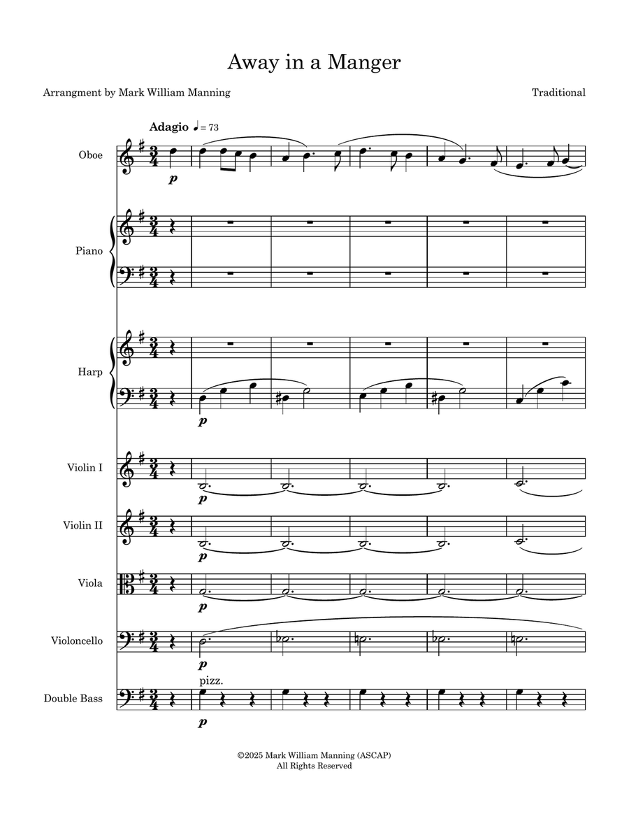 Away in a Manger for Piano, Oboe, Harp & String (Violins 1&2, Violas, Celli, Bass) Chamber Orchestra scores gallery preview page 1