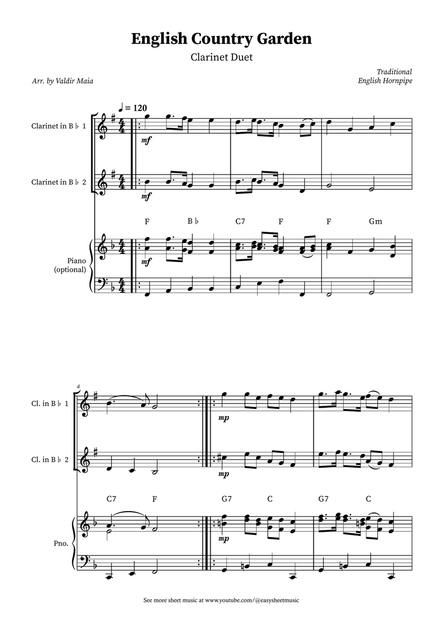 English Country Garden – Clarinet Duet Sheet Music (with Optional Piano) Clarinet Duet scores gallery preview page 1