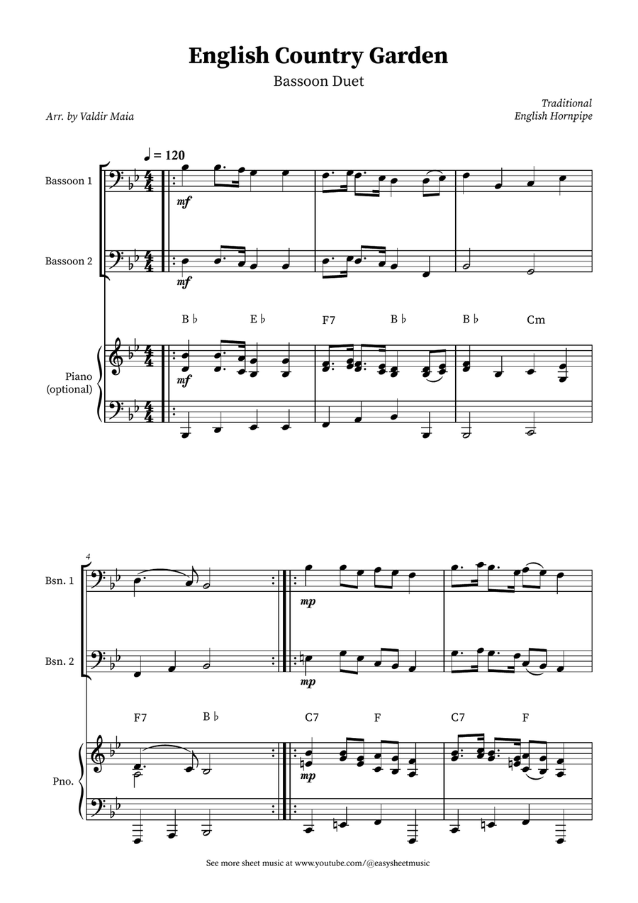 English Country Garden – Bassoon Duet Sheet Music (with Optional Piano) Woodwind Duet scores gallery preview page 1