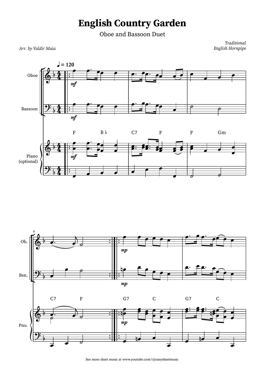English Country Garden – Oboe and Bassoon Duet Sheet Music (with Optional Piano) Woodwind Duet scores gallery preview page 1
