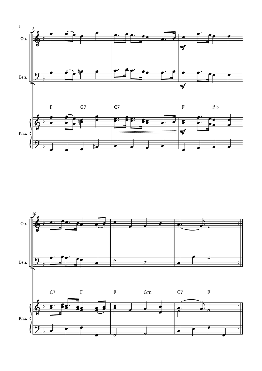 English Country Garden – Oboe and Bassoon Duet Sheet Music (with Optional Piano) Woodwind Duet scores gallery preview page 2