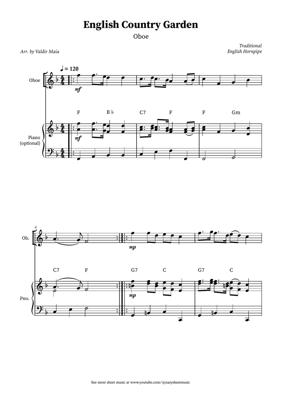 English Country Garden – Oboe Solo Sheet Music (with Optional Piano) Piano scores gallery preview page 1