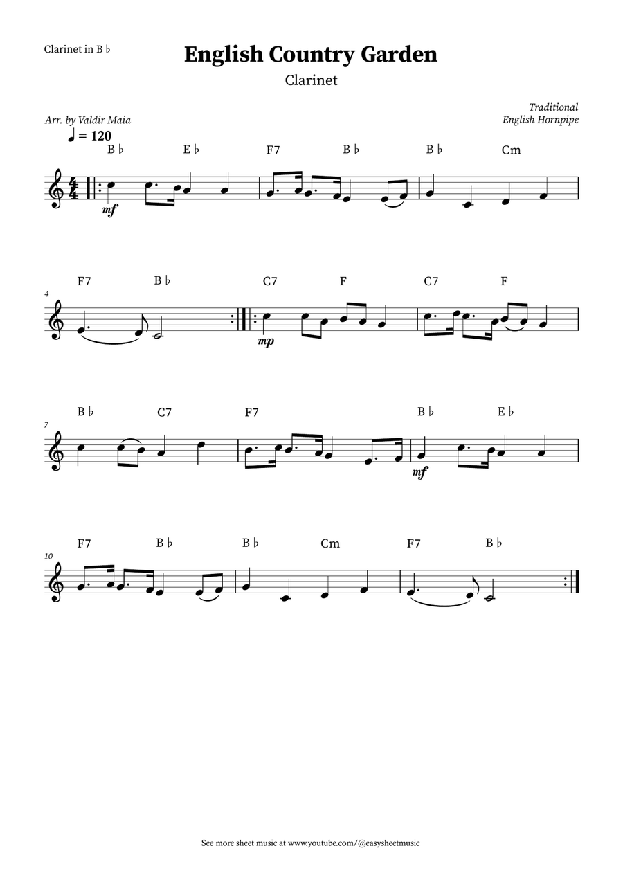 English Country Garden – Clarinet Solo with Chords Sheet Music Clarinet Solo scores gallery preview page 1