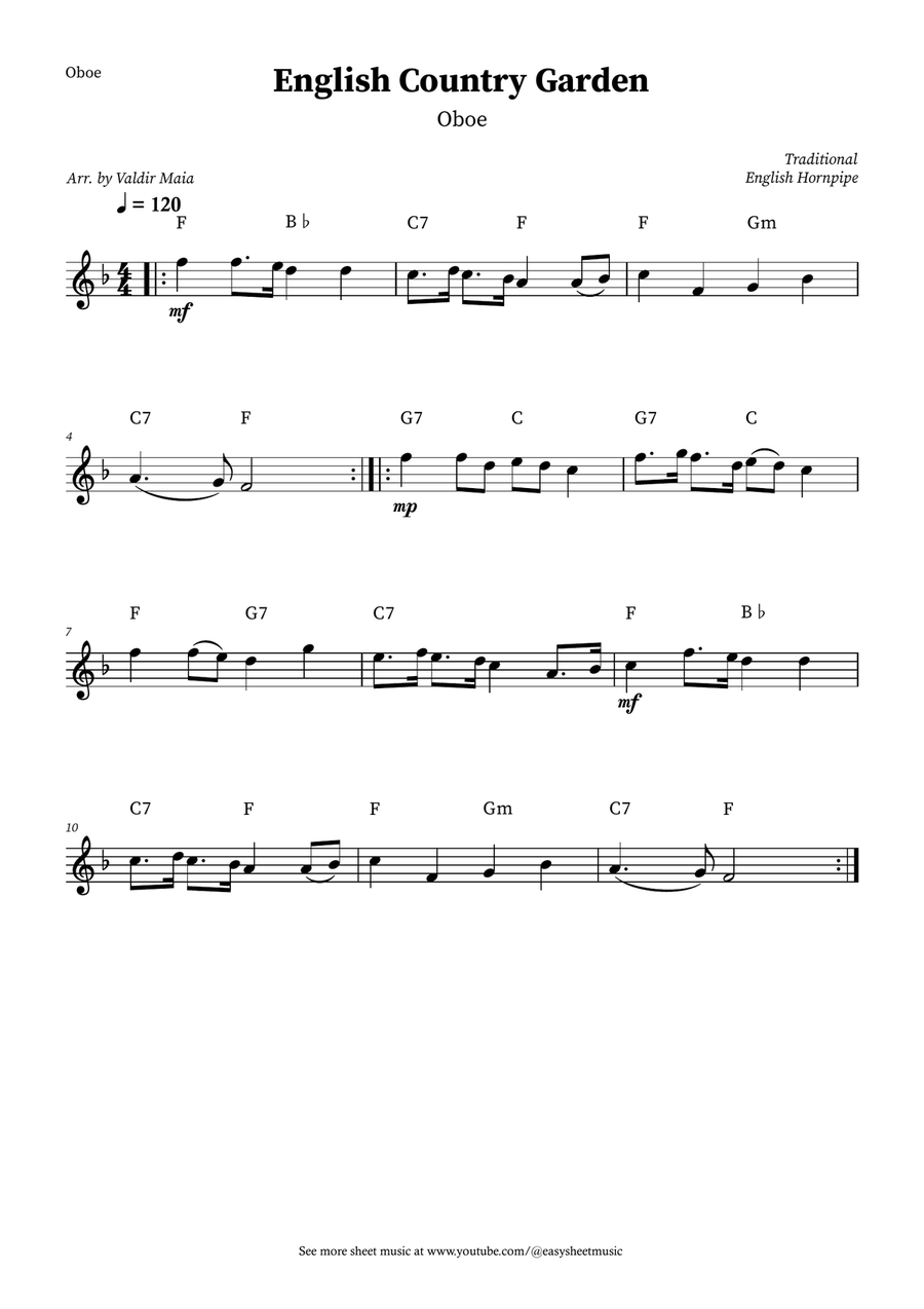 English Country Garden – Oboe Solo with Chords Sheet Music Oboe Solo scores gallery preview page 1