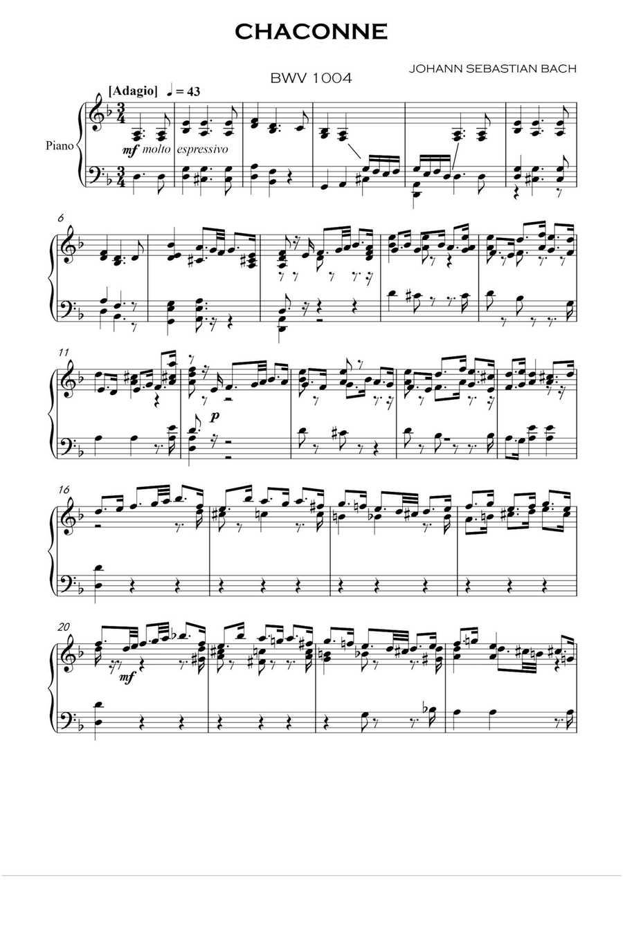 Chaconne BWV 1004 - Johann Sebastian Bach Piano Solo scores gallery preview page 1