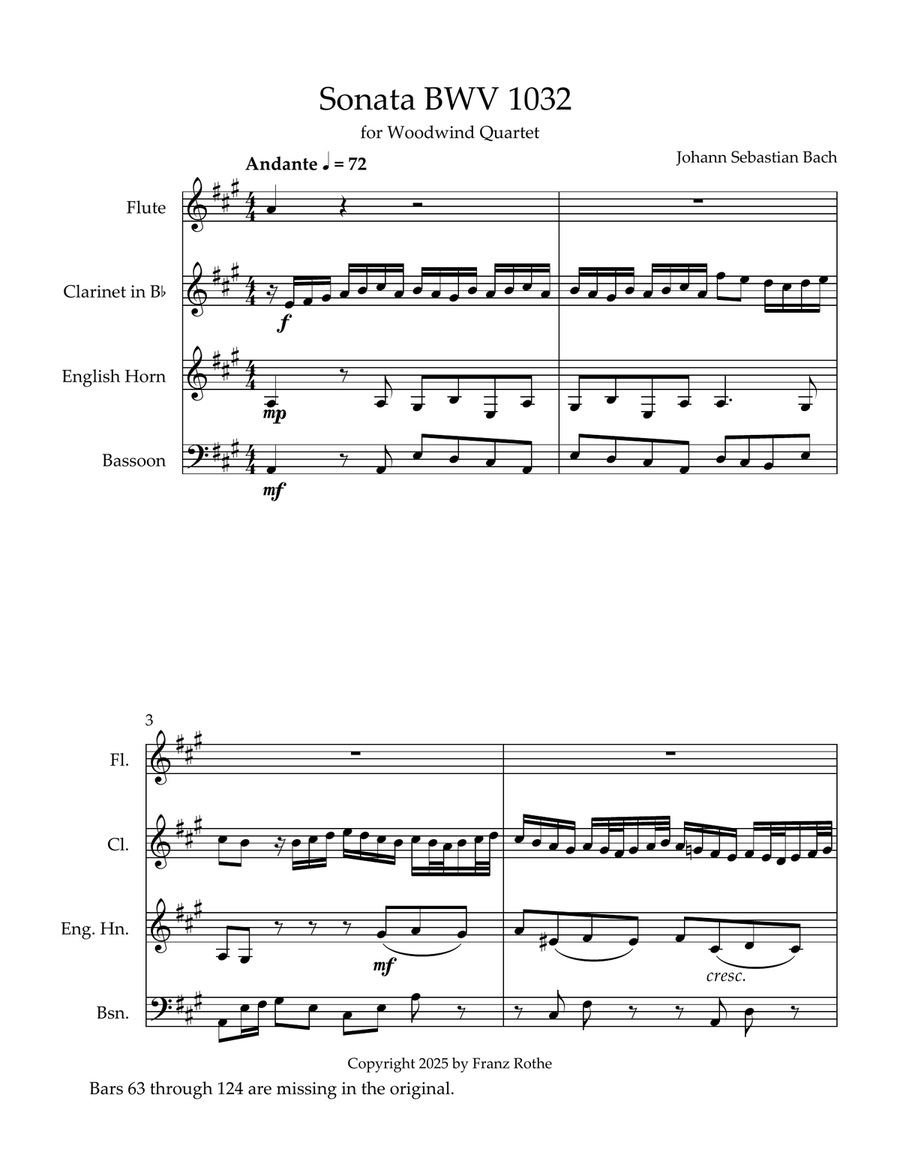 Bach's Sonata BWV 1032 for Woodwind Quartet with English Horn Woodwind Quartet scores gallery preview page 1
