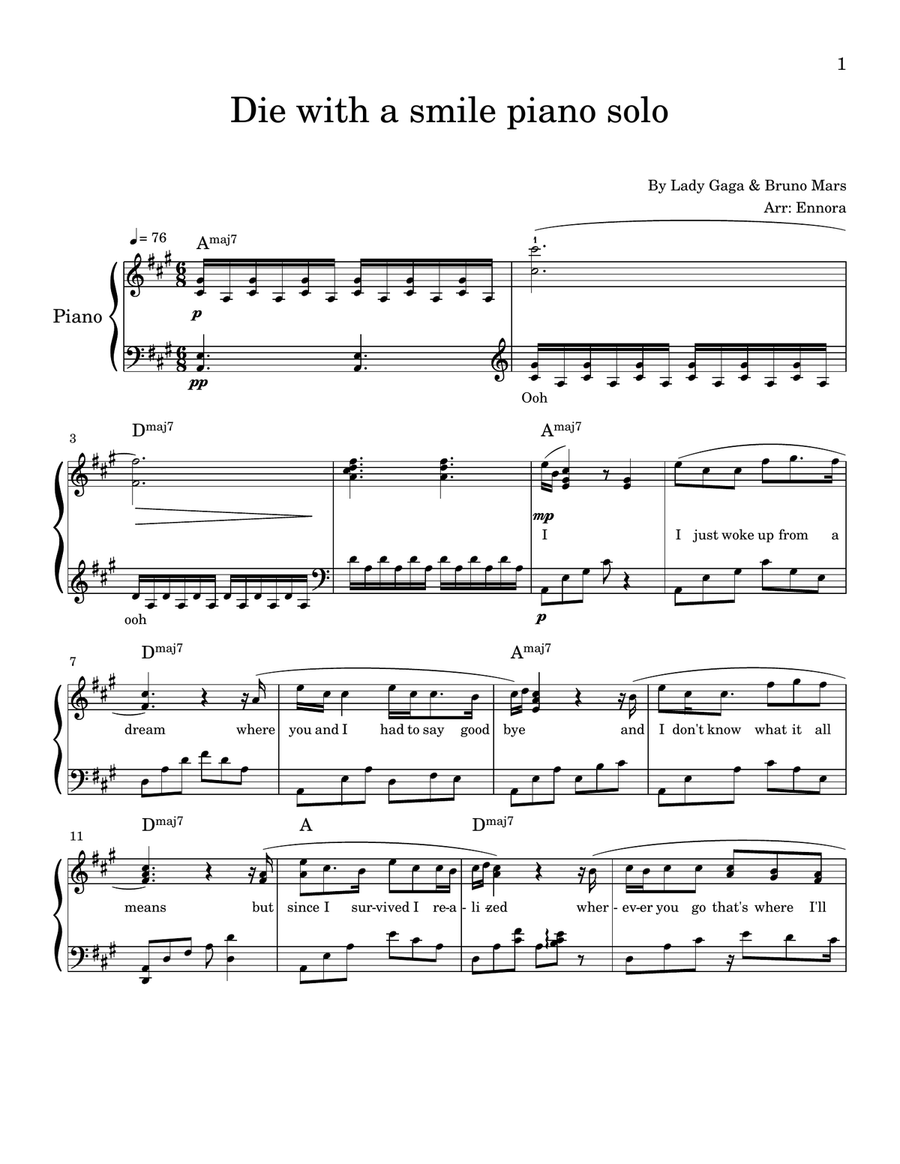 Die With A Smile Die With A Smile Piano Solo scores gallery preview page 1