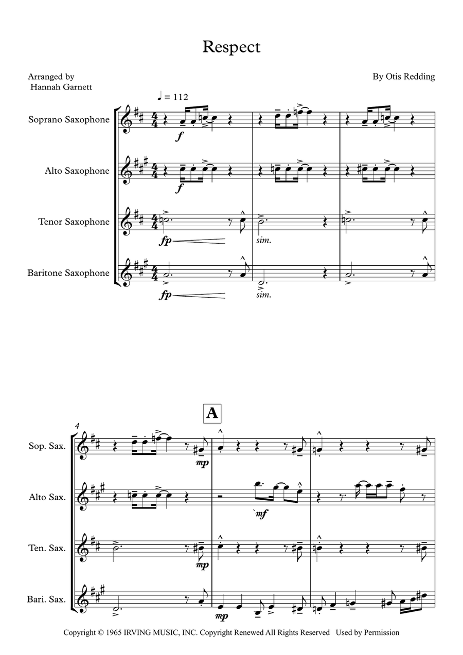 Respect Respect Saxophone Quartet scores gallery preview page 1