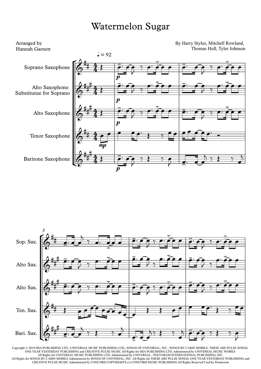 Watermelon Sugar Watermelon Sugar Saxophone Quartet scores gallery preview page 1
