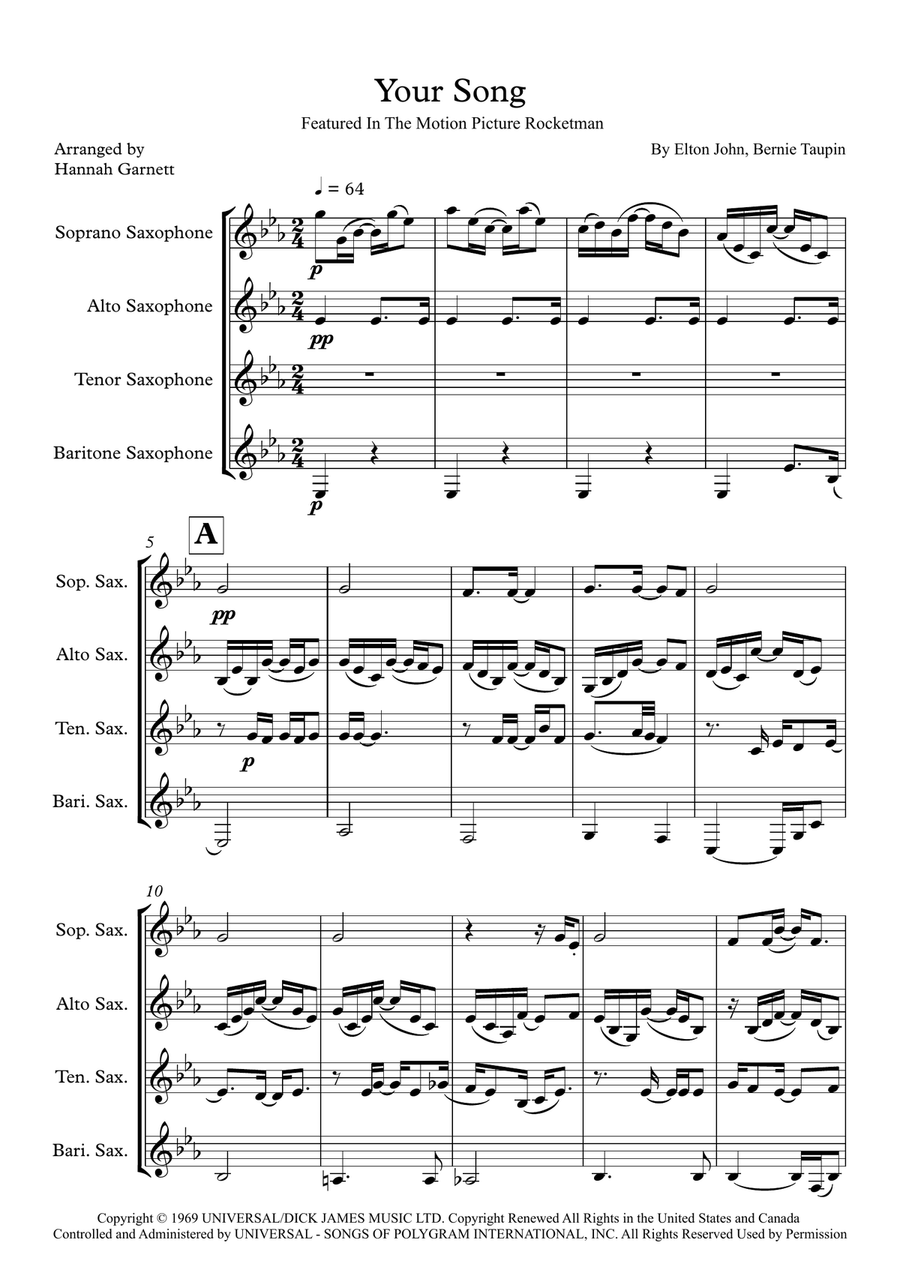 Your Song Your Song Saxophone Quartet scores gallery preview page 1