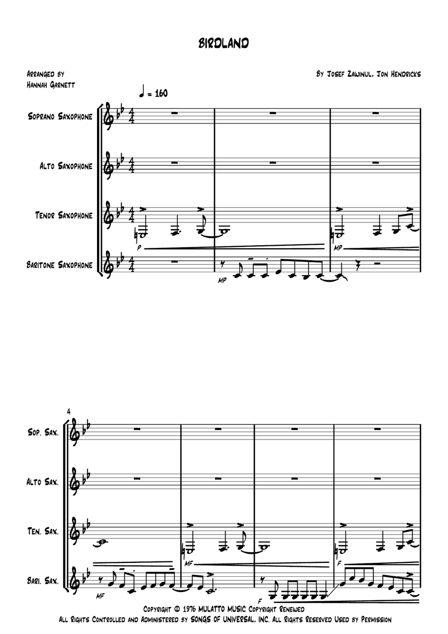 Birdland Birdland Saxophone Quartet scores gallery preview page 1