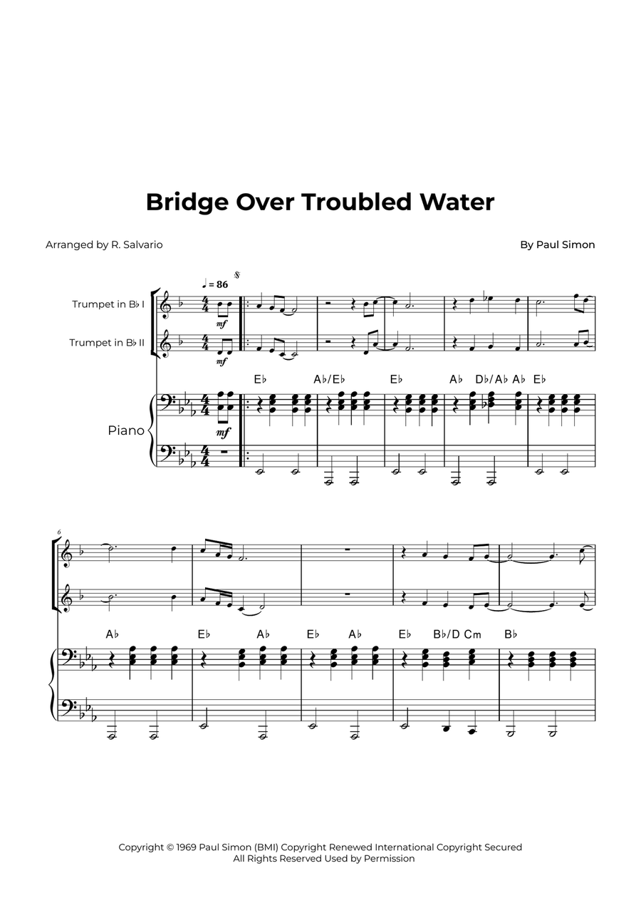 Bridge Over Troubled Water Trumpet Duet scores gallery preview page 1