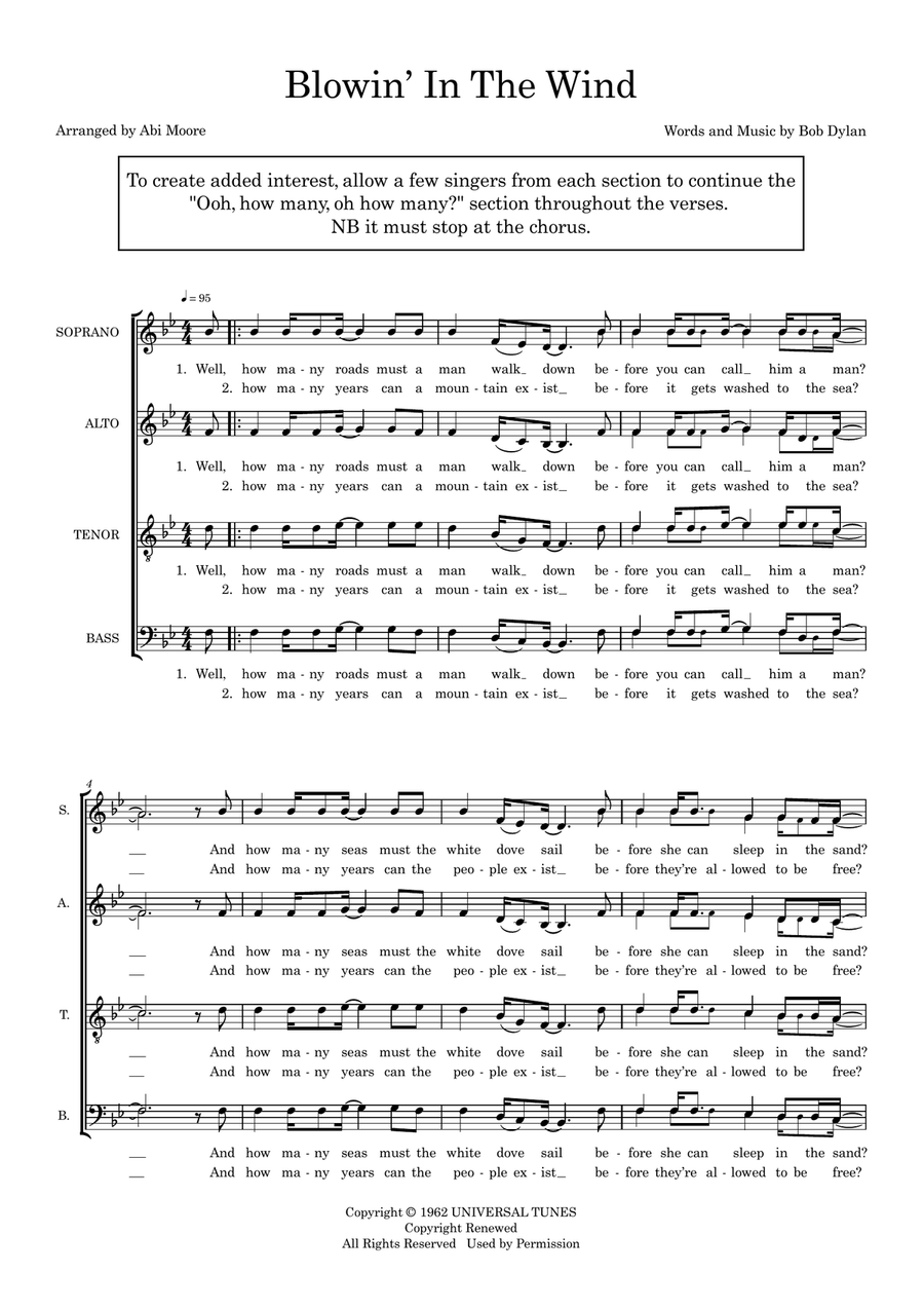 Blowin' In The Wind (arr. Abi Moore) 4-Part scores gallery preview page 1