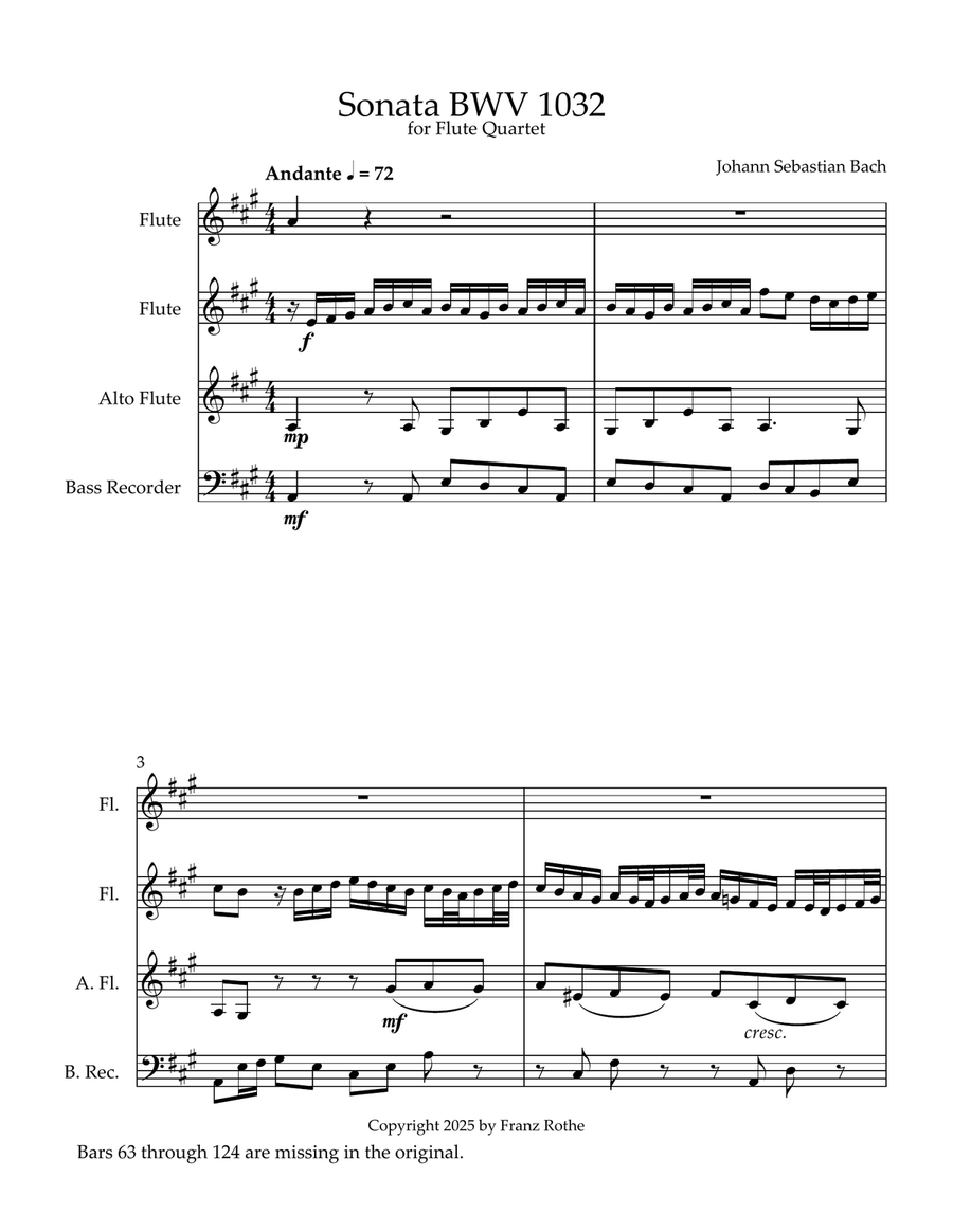 Bach's Sonata BWV 1032 for Flute Quartet Flute Quartet scores gallery preview page 1