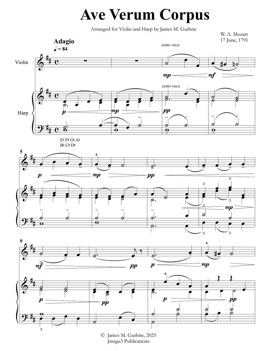 Mozart: Ave Verum Corpus for Violin & Harp String Duet scores gallery preview page 1
