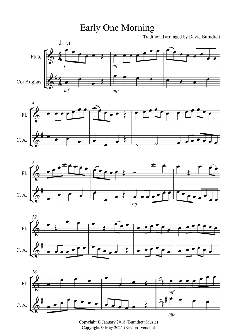 Early One Morning for Flute and Cor Anglais Duet Woodwind Duet scores gallery preview page 1