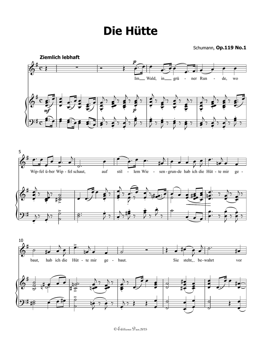 Die Hutte, by Schumann, Op.119 No.1, in G Major Piano, Vocal scores gallery preview page 3