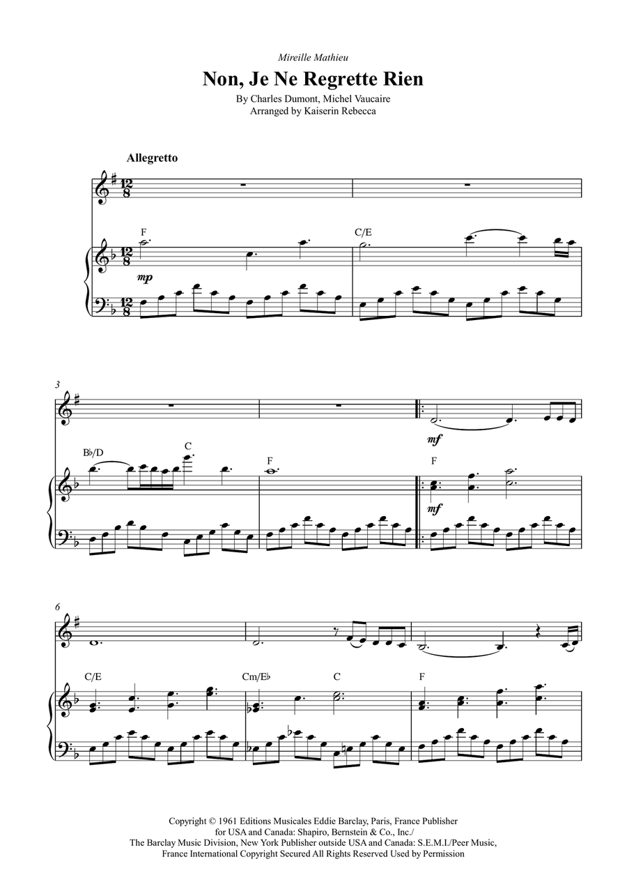 Non, Je Ne Regrette Rien Non, Je Ne Regrette Rien B-Flat Clarinet scores gallery preview page 1