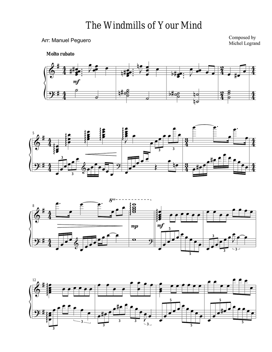 The Windmills Of Your Mind Piano Solo scores gallery preview page 1