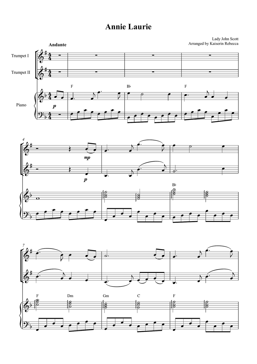 Annie Laurie Annie Laurie Trumpet Duet scores gallery preview page 1