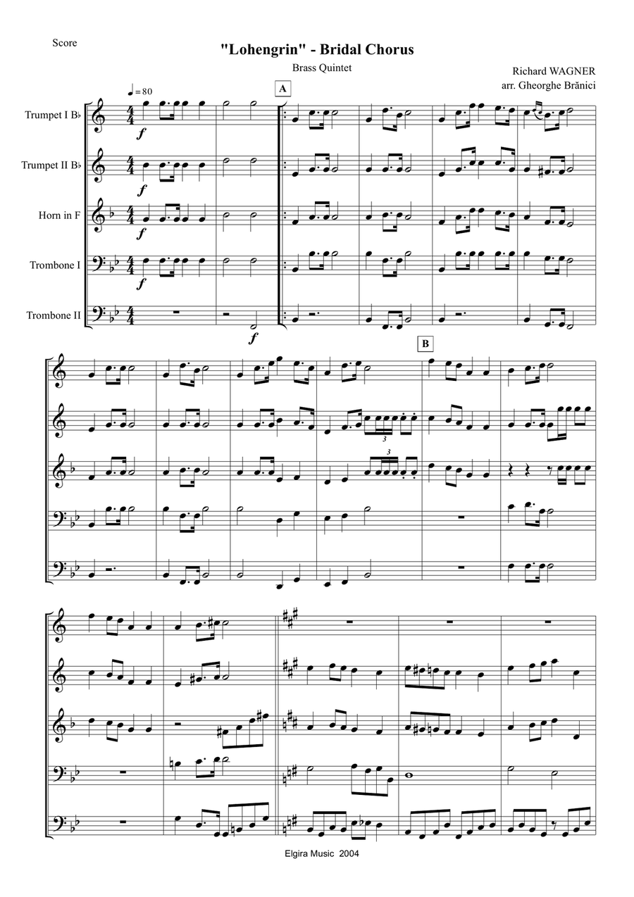 BRIDAL CHORUS from Lohengrin Brass Quintet scores gallery preview page 1